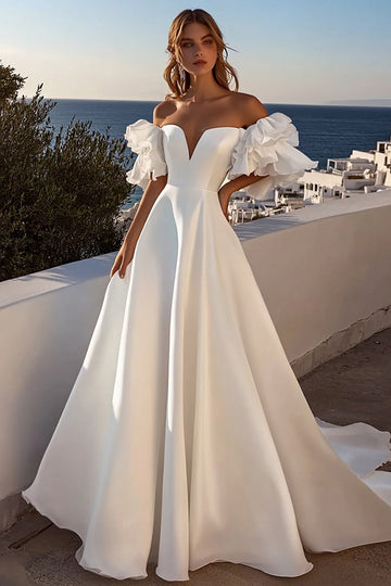 Ivory Off The Shoulder Ruffled Satin A Line Wedding Dress